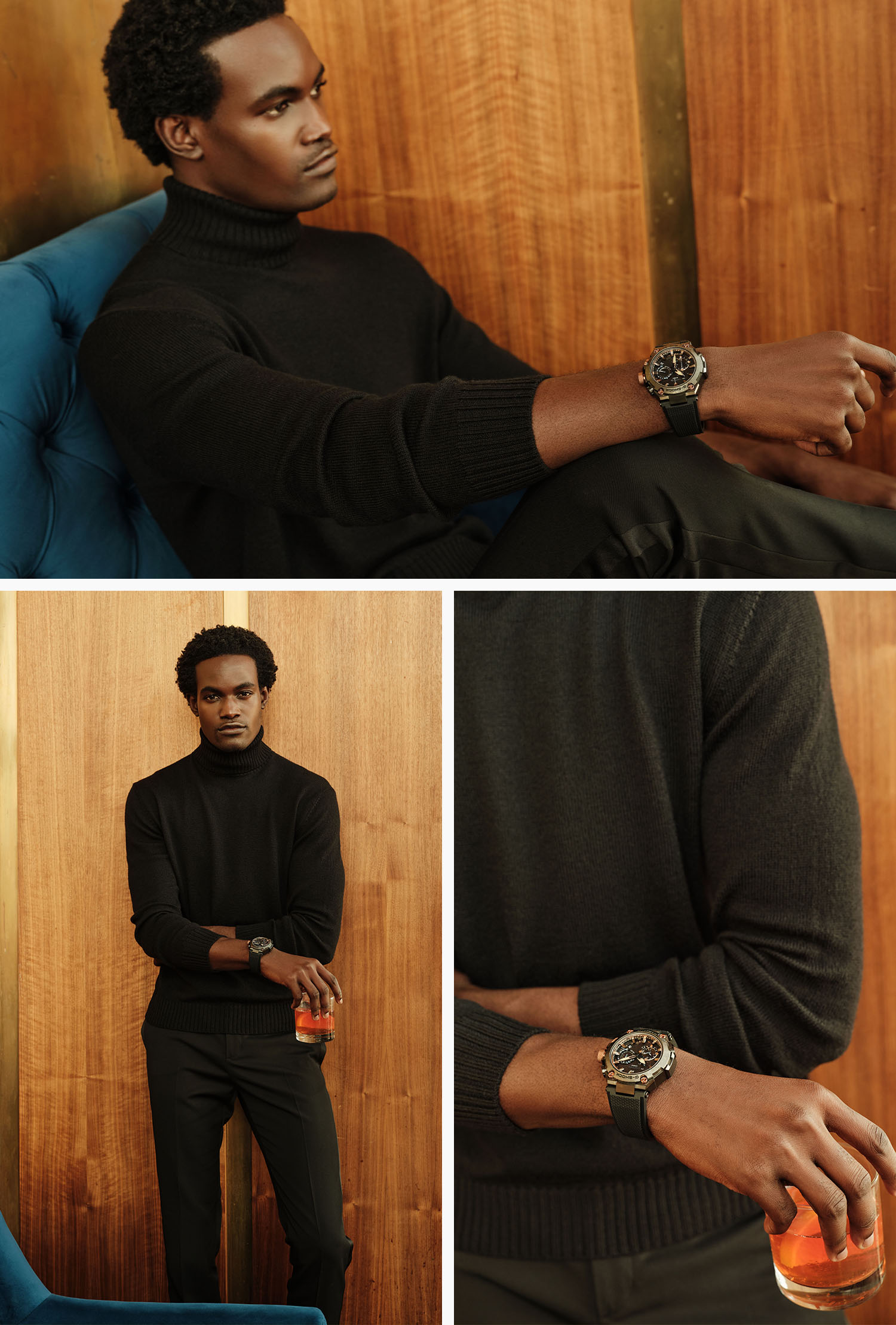handsome man in hotel bar wearing a black turtleneck sweater, black slacks and a casio g shock watch, holding an old fashioned cocktail