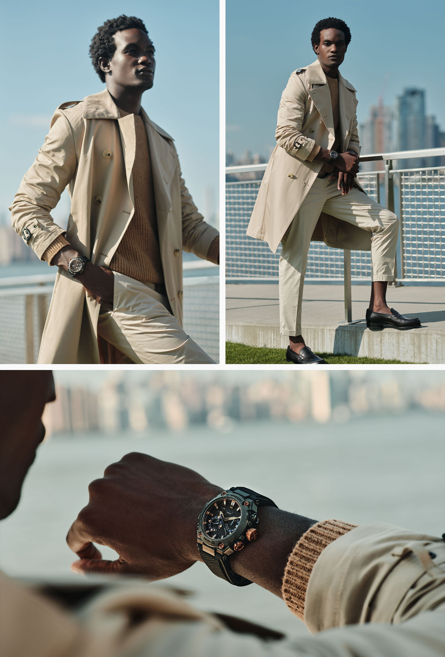 handsome man at a pier with the east river and manhattan behind him, wearing a tan trenchcoat, khaki slacks and a dark khaki sweater with a casio g shock watch