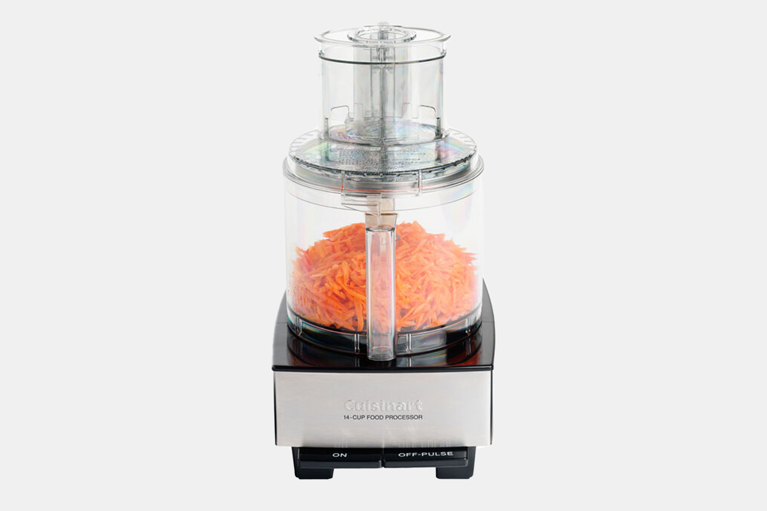 A food processor filled with orange food.