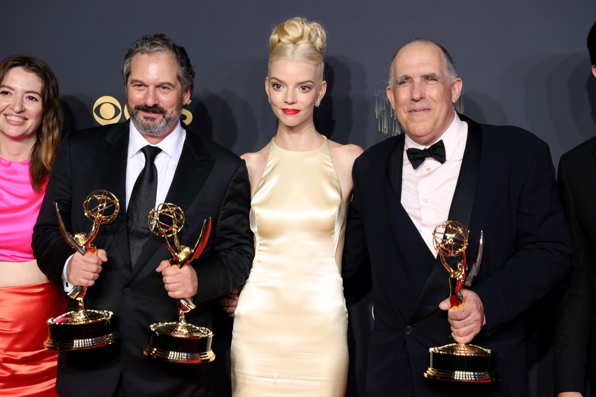 (L-R) Marielle Heller, Scott Frank, Anya Taylor-Joy, and William Horberg, winners of the Outstanding Limited Or Anthology Series award for "The Queen's Gambit," pose in the press room during the 73rd Primetime Emmy Awards.