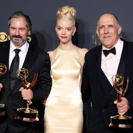 (L-R) Marielle Heller, Scott Frank, Anya Taylor-Joy, and William Horberg, winners of the Outstanding Limited Or Anthology Series award for "The Queen's Gambit," pose in the press room during the 73rd Primetime Emmy Awards.