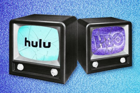 Two retro TVs with streaming services HBO Max and Hulu's logos on the TVs' cracked screens