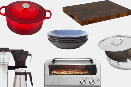 A dutch oven, cutting board, coffee maker and more