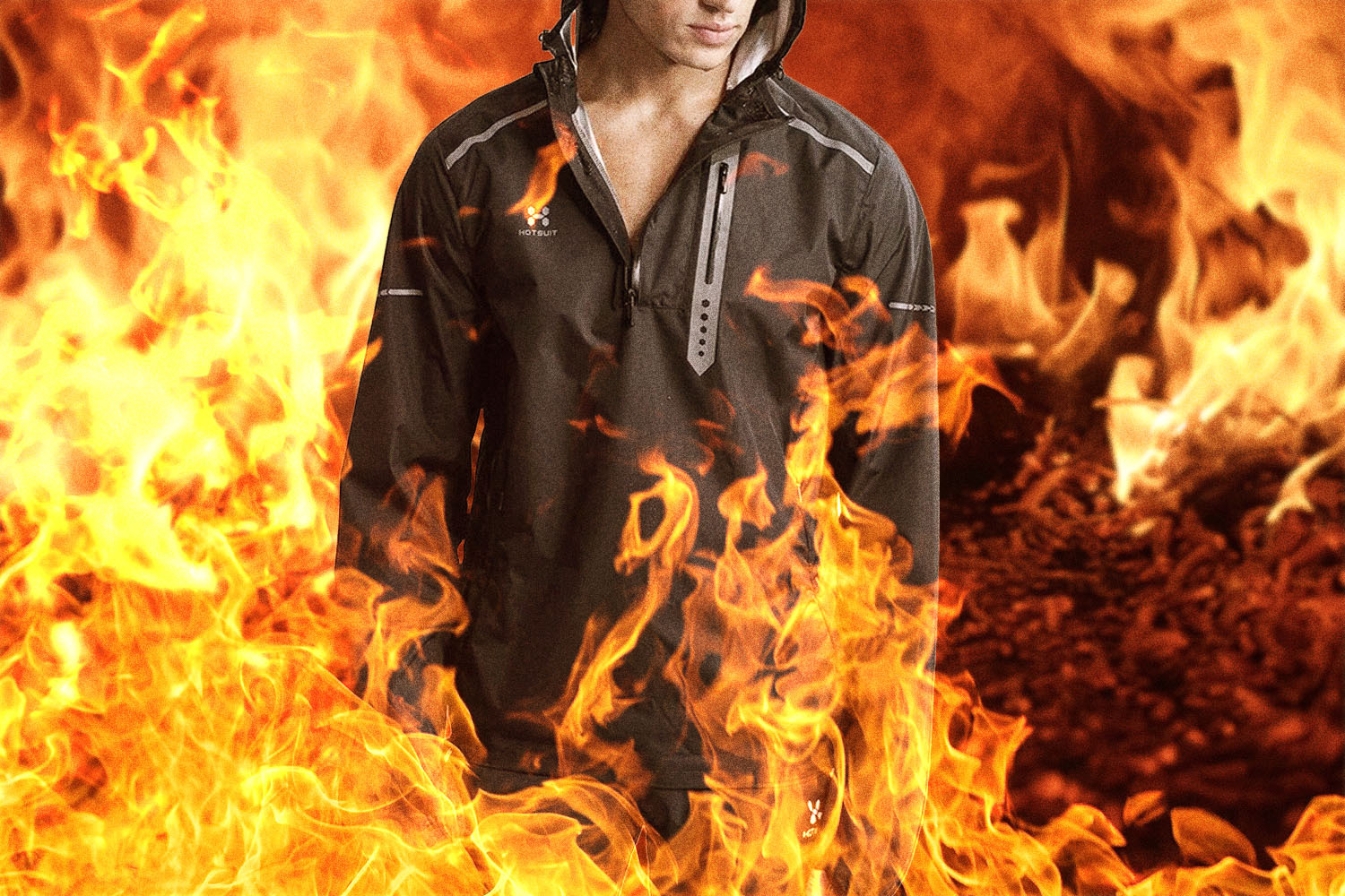 A man wearing a HOTSUIT and covered in flames.