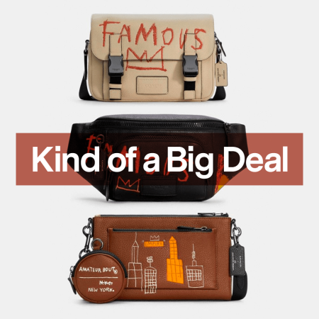 Three men's bags from the Coach x Jean-Michel Basquiat collection on a grey background with the text "Kind of a Big Deal" overlaid on top