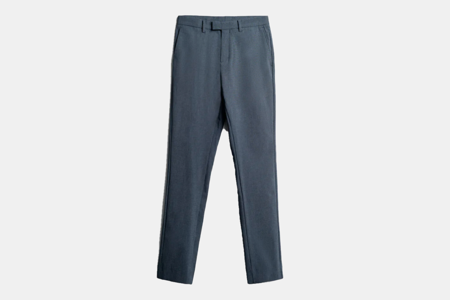 a pair of tabbed, navy houndstooth trousers.