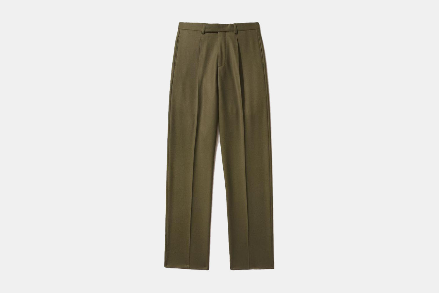 a pair of olive green, single pleated trousers.