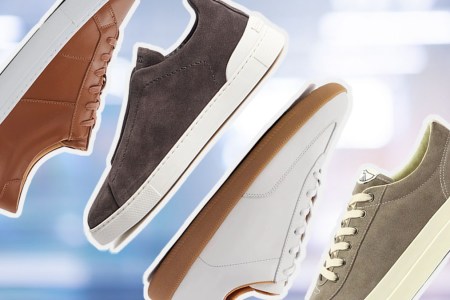 a collage of the best office sneakers for men on a grey background