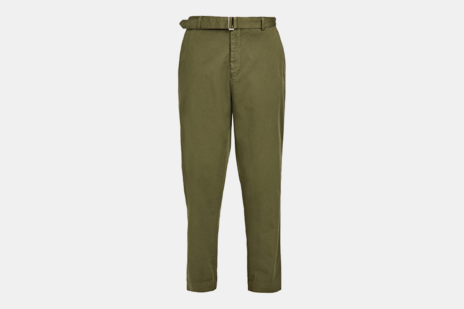 a pair of built-in belted, olive colored pants.