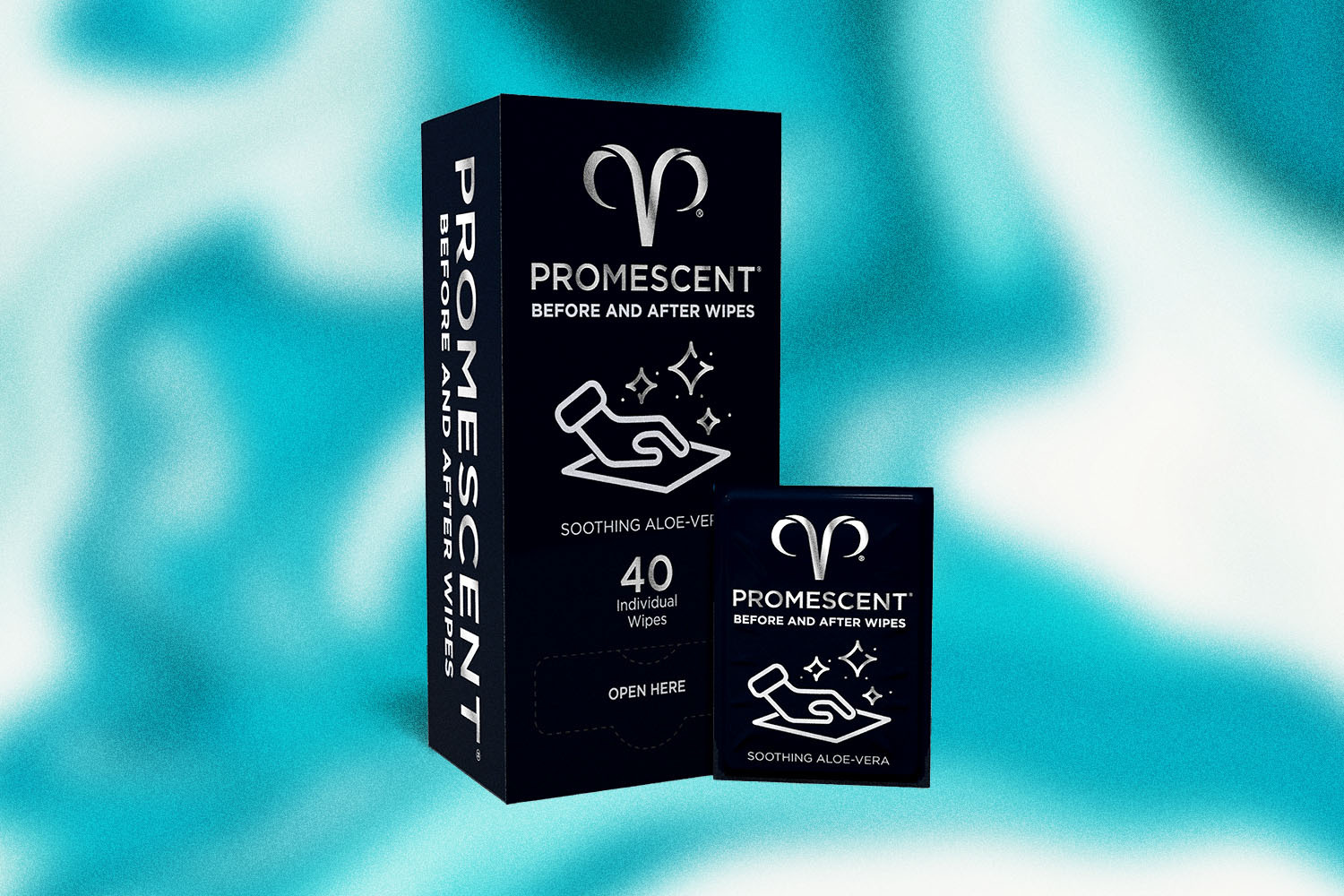 Image shows a box of Promescent's Before and After Wipes against a blue, watery background