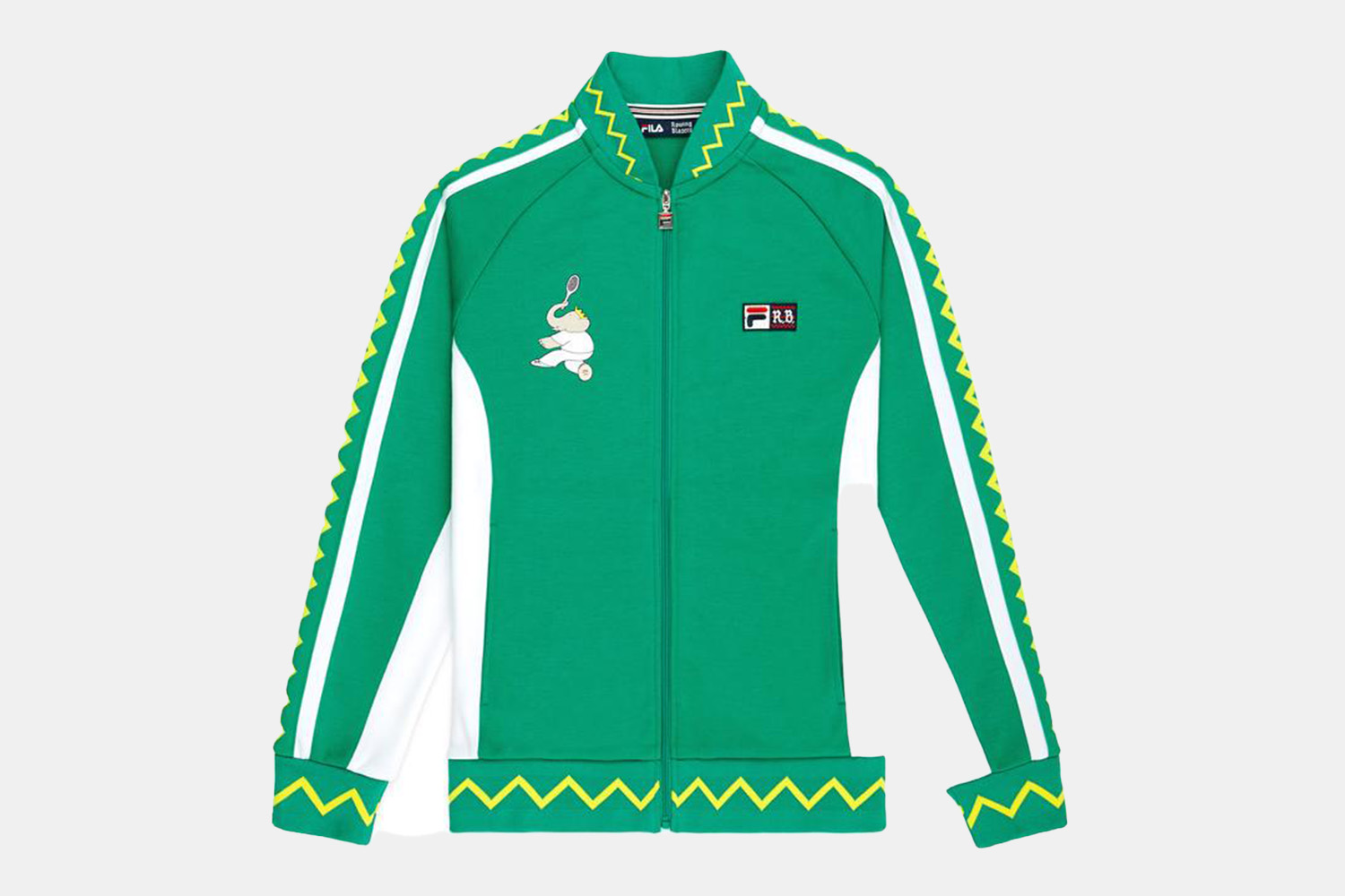 a green embroidered track jacket.