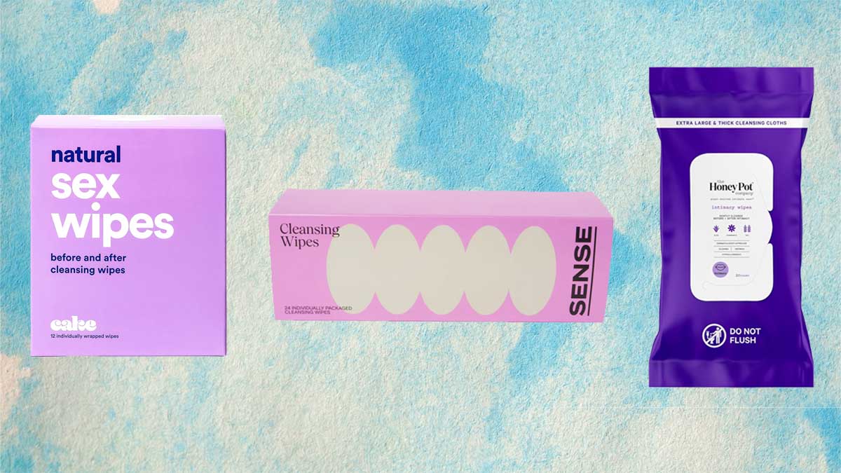 Three after-sex clean-up wipes on a blue background