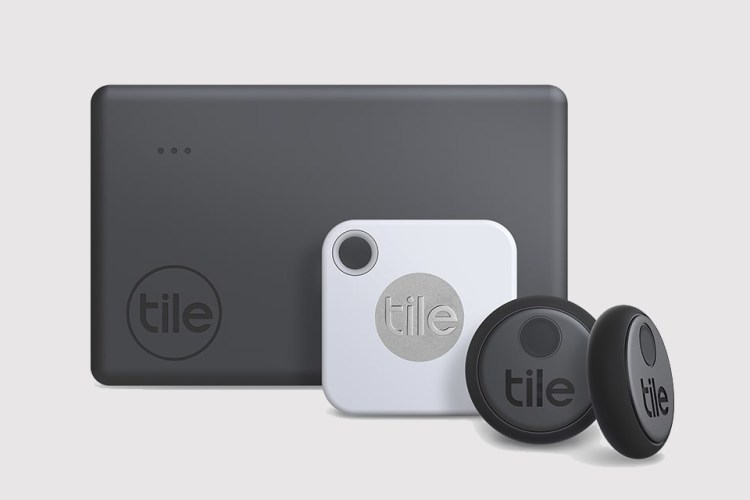 Three different sizes of Tile's Bluetooth trackers, from large rectangular ones to small circular trackers