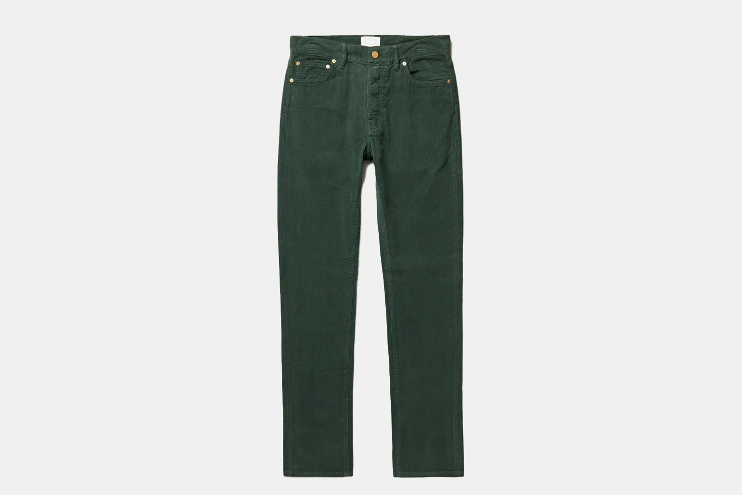 A pair of deep green, slim trousers.