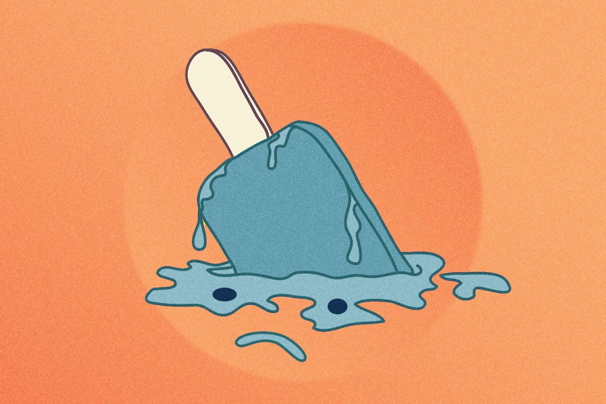 Illustration shows a blue, upside-down popsicle melting into a sad face against an abstract sun background.