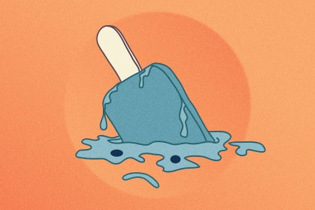 Illustration shows a blue, upside-down popsicle melting into a sad face against an abstract sun background.