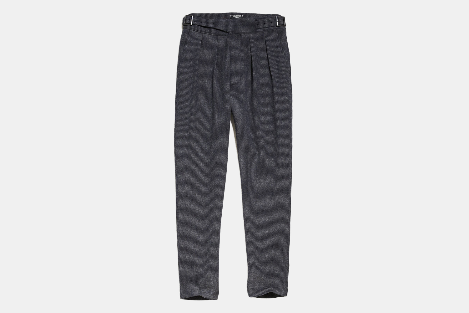 a pair of self-belted, charcoal colored trousers. 