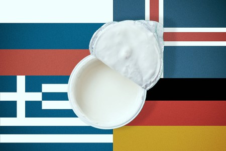 A yogurt superimposed over four different national flags.