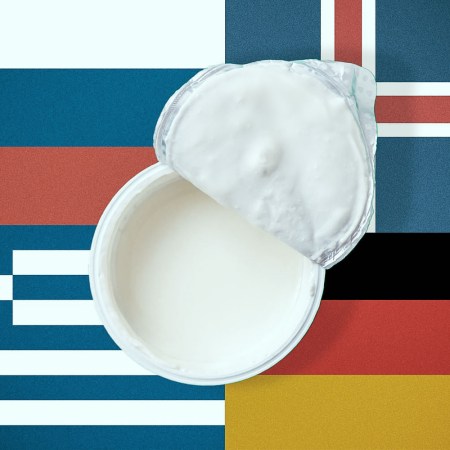 A yogurt superimposed over four different national flags.