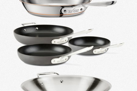A Copper Core skillet, three Hard Anodized nonstick skillets and a stainless steel wok from All-Clad, all of which are on sale during a factory seconds sale