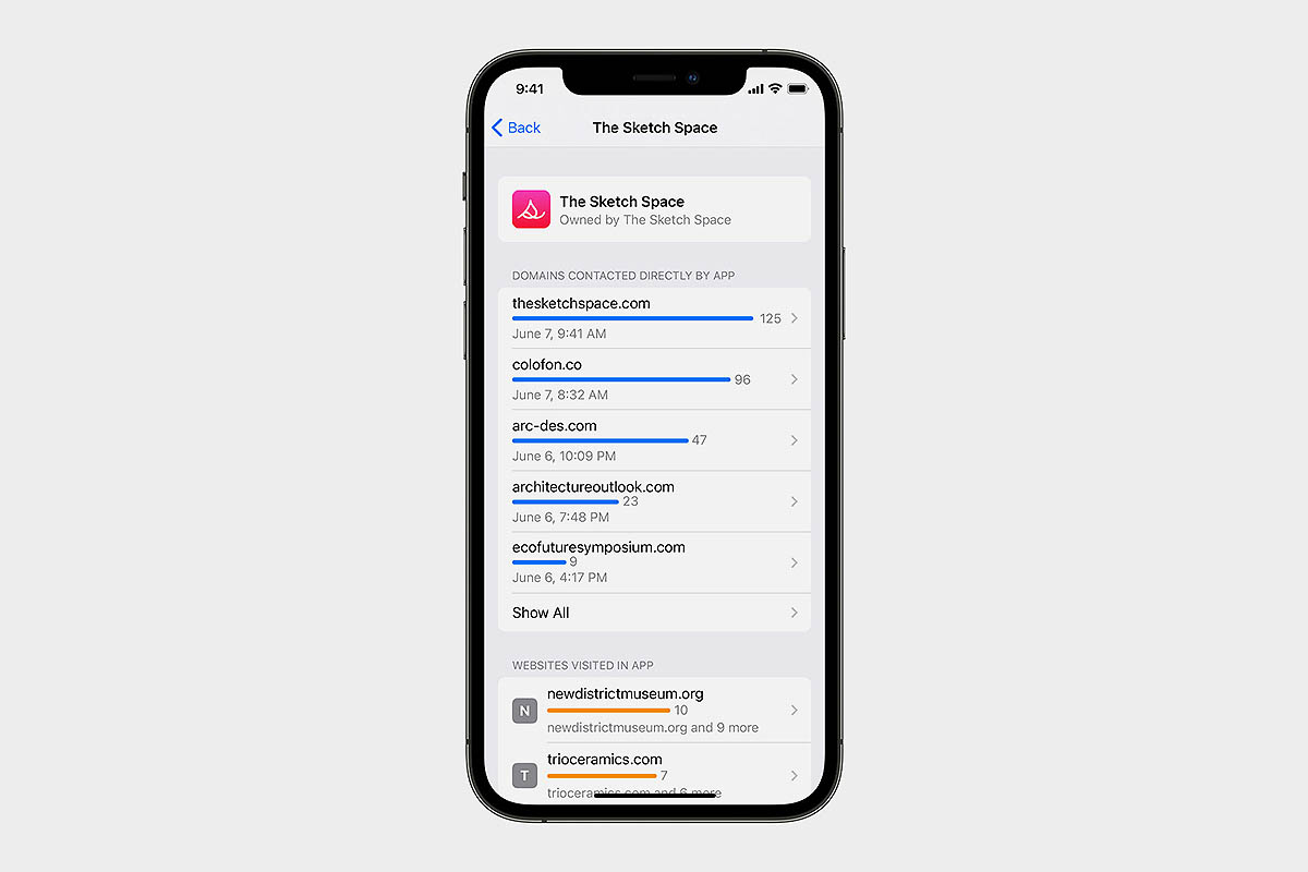 screen of App Privacy Report, a new feature on iOS 15. With App Privacy Report, users can see how often each app has used the permission they’ve previously granted to access their location, photos, camera, microphone, and contacts during the past seven days.