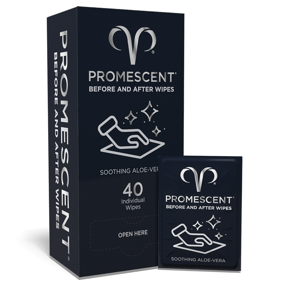 Image shows a box of Promescent Before and After Wipes