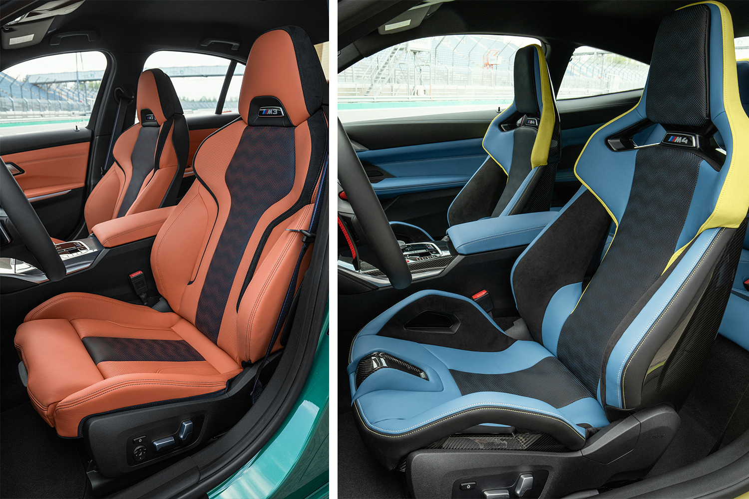 The front seats in the new 2021 BMW M3 Competition Sedan (left) next to the front seats in the new 2021 BMW M4 Competition Coupe (right), those on the right featuring a carbon fiber horn in between the driver's and passenger's legs