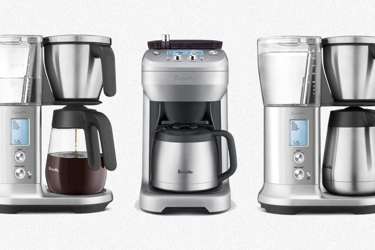 Three Breville coffee makers, including the Precision Brewer Glass, Grind Control and Precision Brewer Thermal, all on a grey background