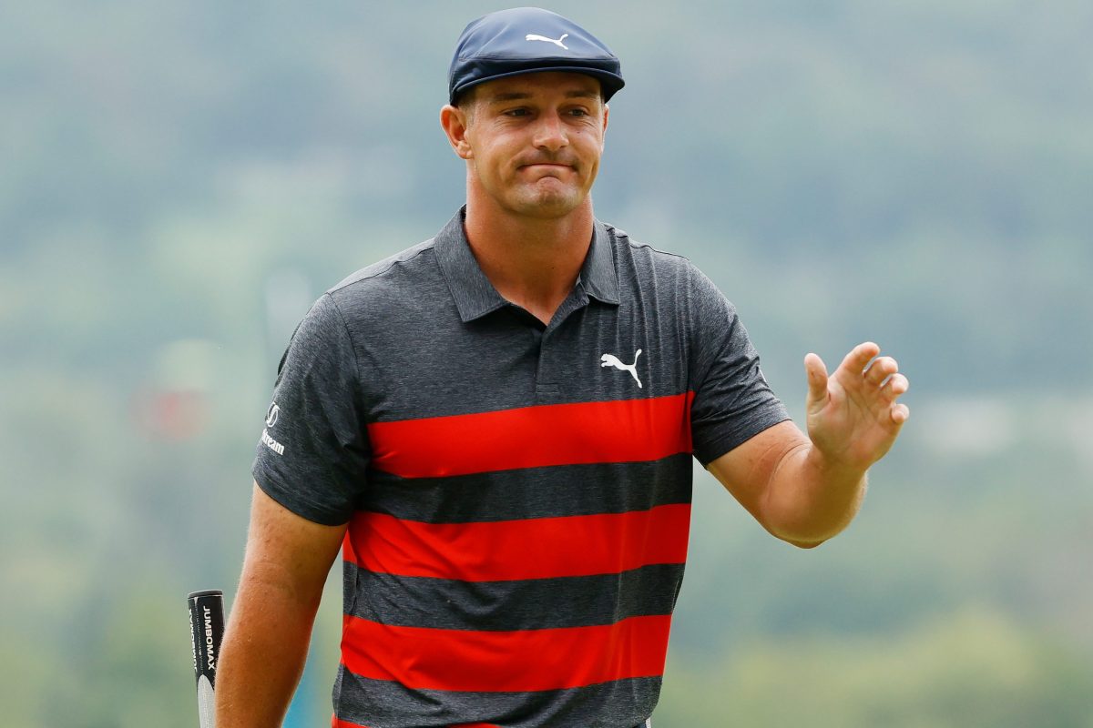 Bryson DeChambeau reacts to his putt on the ninth green at the BMW Championship