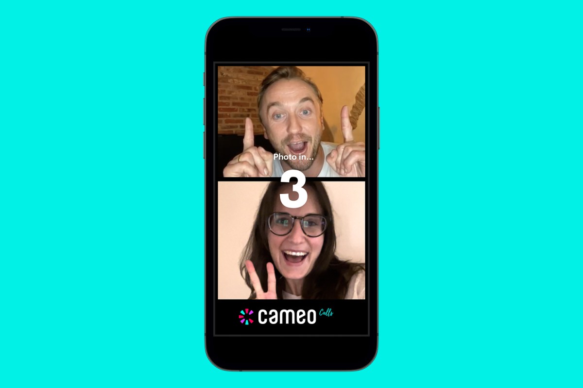 A picture of a smartphone showing the new Cameo Calls feature, a celebrity in a screen on top with a fan underneath