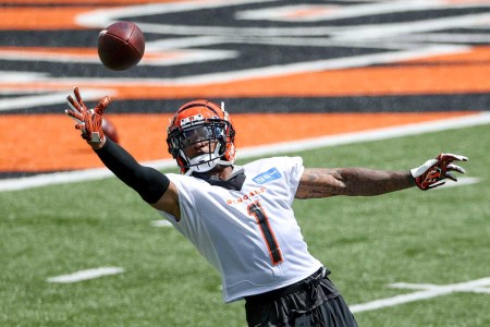Ja'Marr Chase #1 of the Cincinnati Bengals participates in a drill during Mandatory Minicamp on June 15, 2021 in Cincinnati, Ohio. The Bengals receiver has had issues with drops during the preseason.