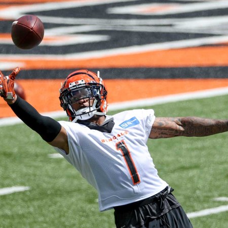 Ja'Marr Chase #1 of the Cincinnati Bengals participates in a drill during Mandatory Minicamp on June 15, 2021 in Cincinnati, Ohio. The Bengals receiver has had issues with drops during the preseason.