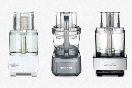 Three food processors from Cuisinart that are on sale at Wayfair, including an 11 Cup, 13 Cup and 14 Cup model on a grey background