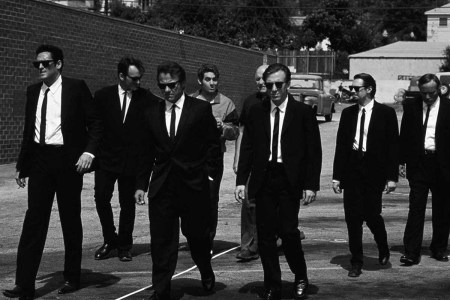 The characters from "Reservoir Dogs" dressed in black suits, white shirts and black ties