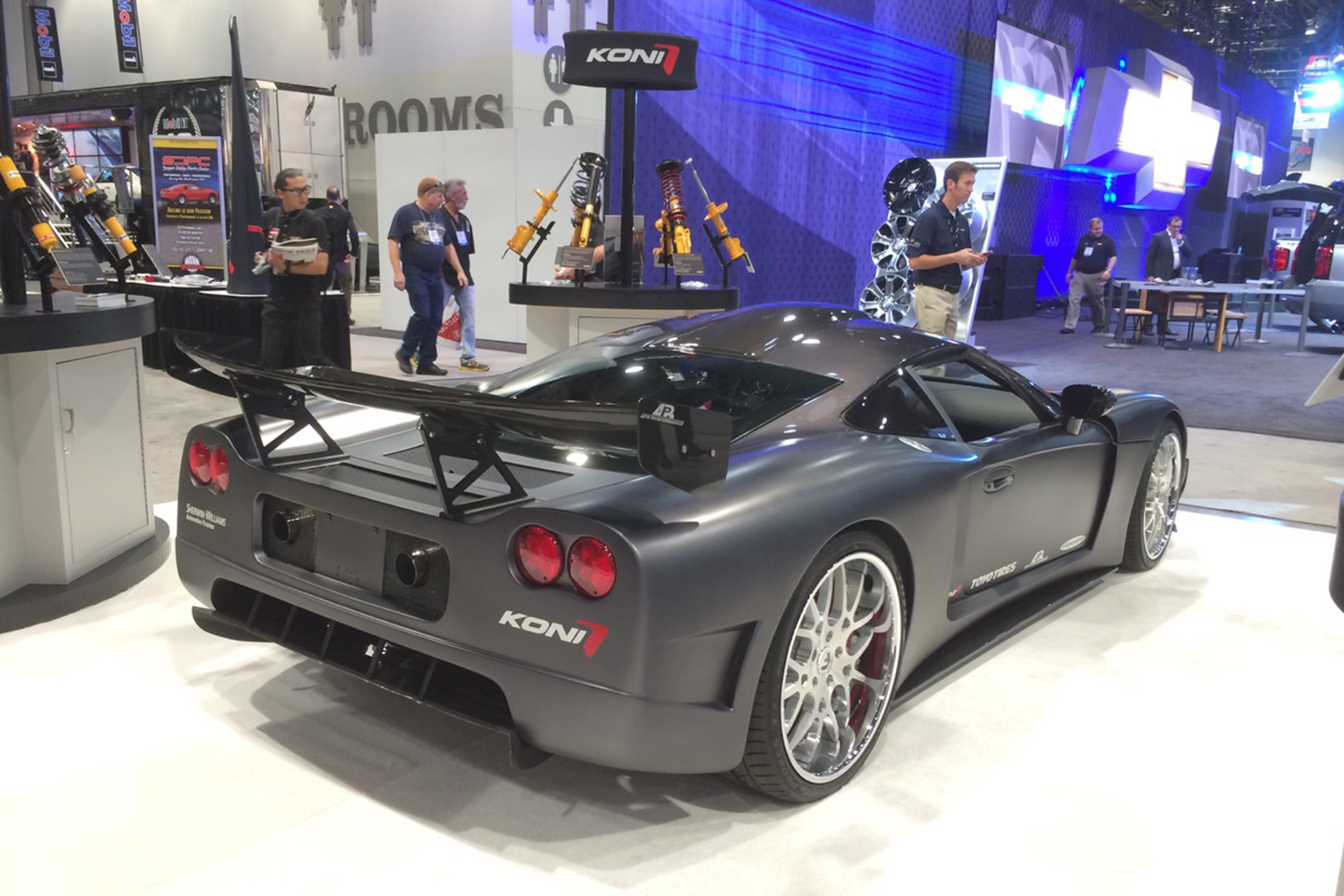 A Factory Five Racing GTM supercar based on a Corvette at the KONI Shocks booth at SEMA in 2014