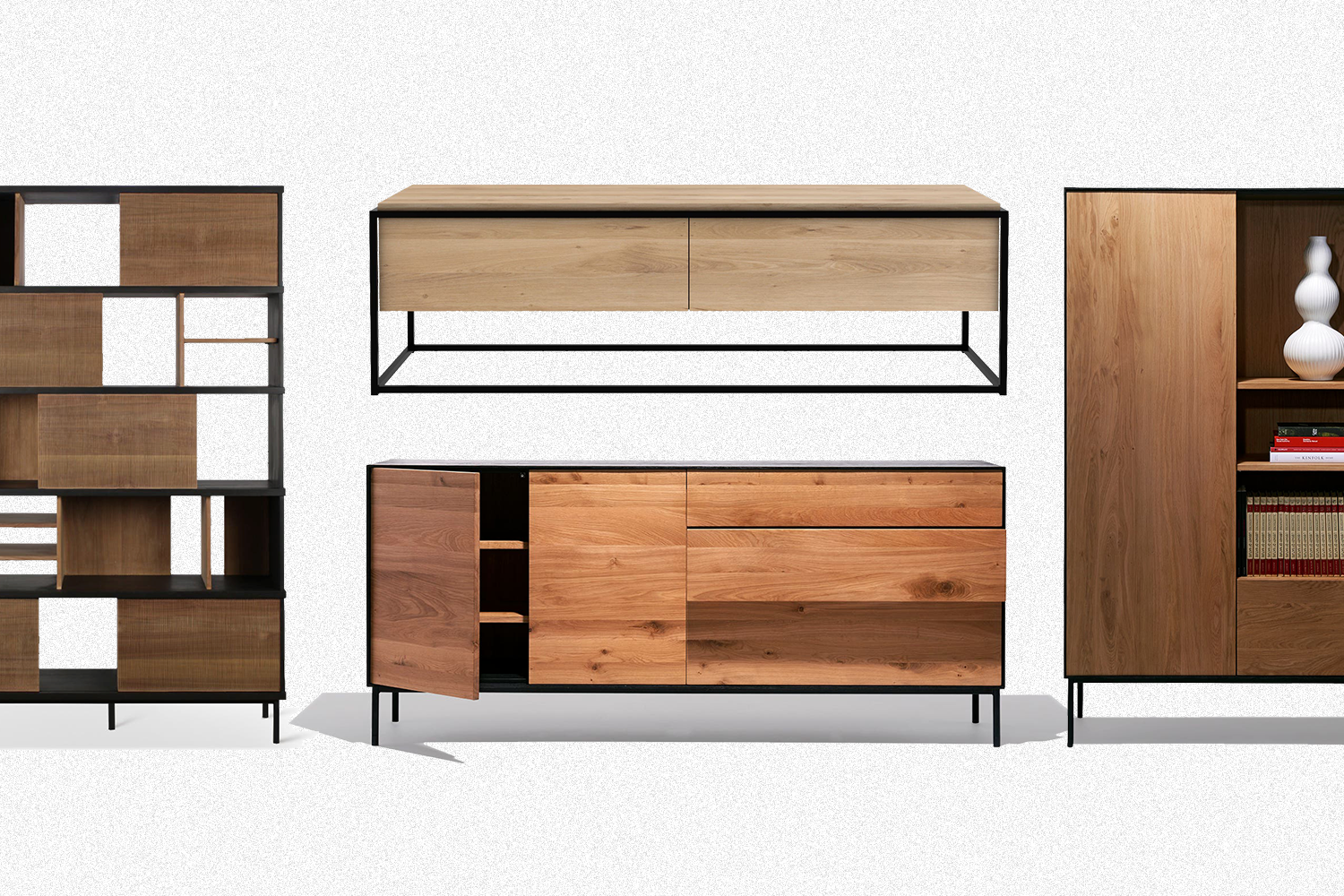 The KB Rack, Murphy Media Console, Lincoln Dresser and Lincoln Cupboard, all pieces of furniture on sale at Industry West, on a grey background