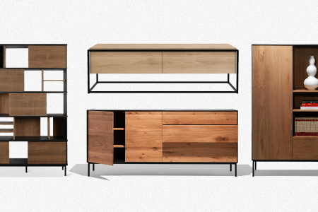 The KB Rack, Murphy Media Console, Lincoln Dresser and Lincoln Cupboard, all pieces of furniture on sale at Industry West, on a grey background