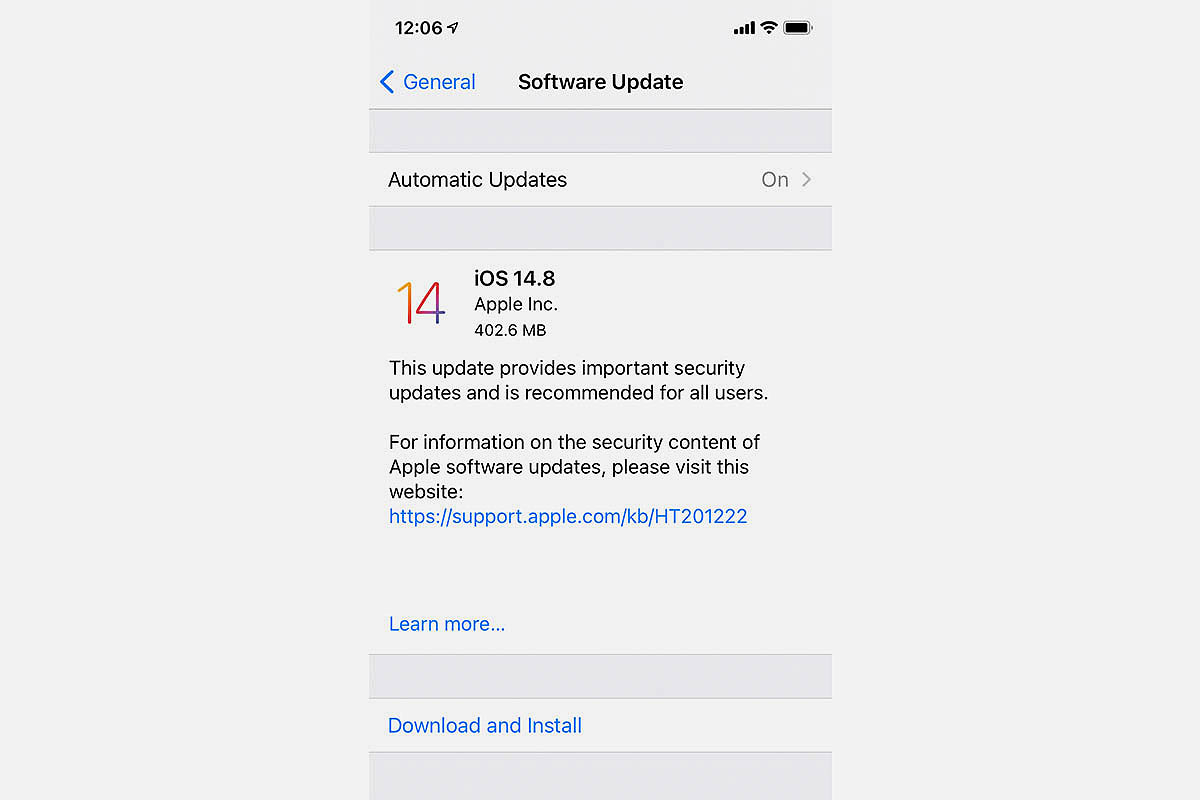 screenshot of iPhone 14.8 software update. Apple issued an emergency update due to vulnerabilities from malware.