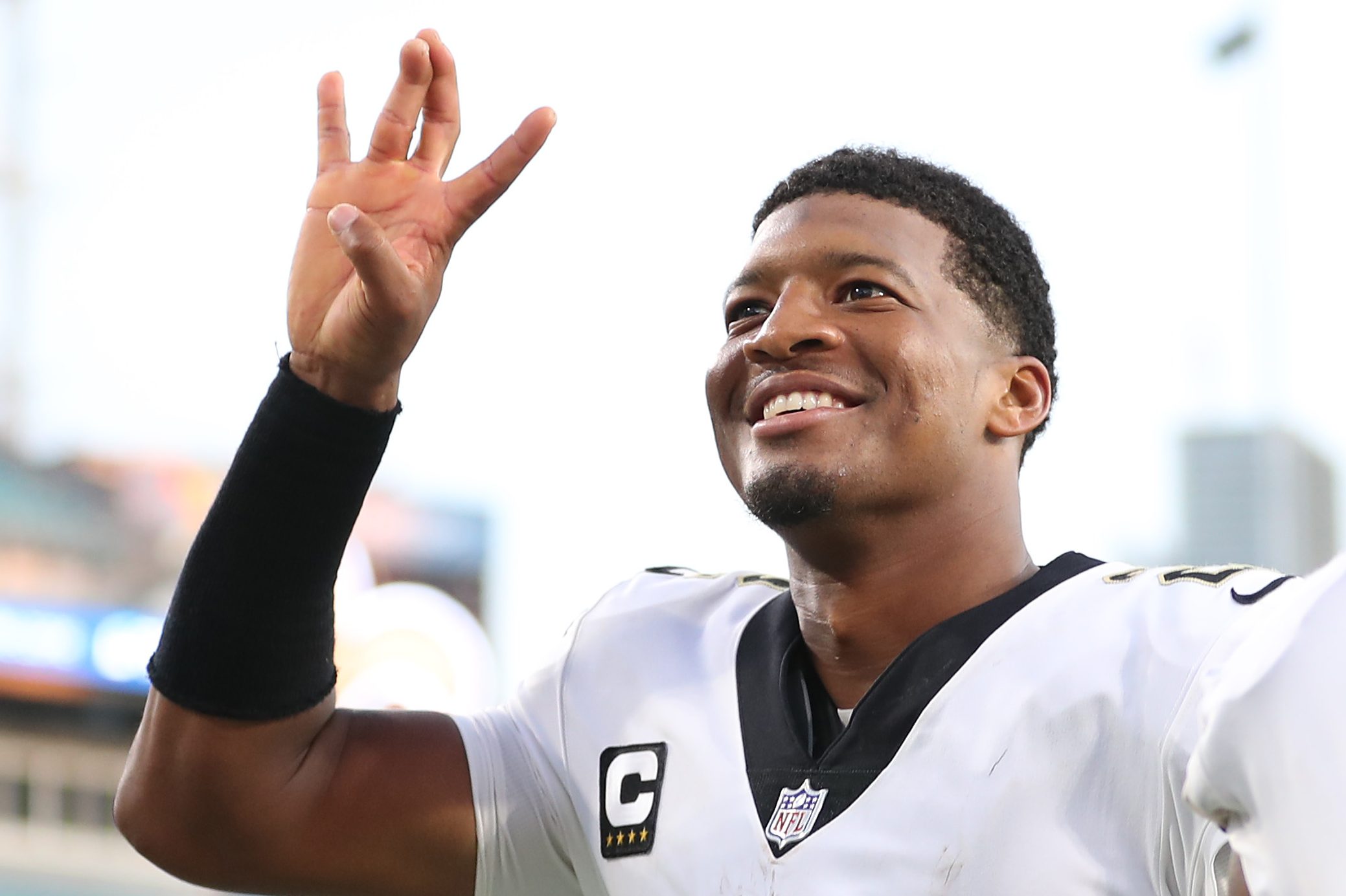 Jameis Winston of the Saints reacts after defeating the Green Bay Packers