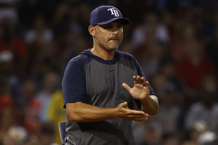 Manager Kevin Cash of the Tampa Bay Rays goes to the mound