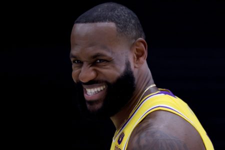 LeBron James smiles during Los Angeles Lakers media day