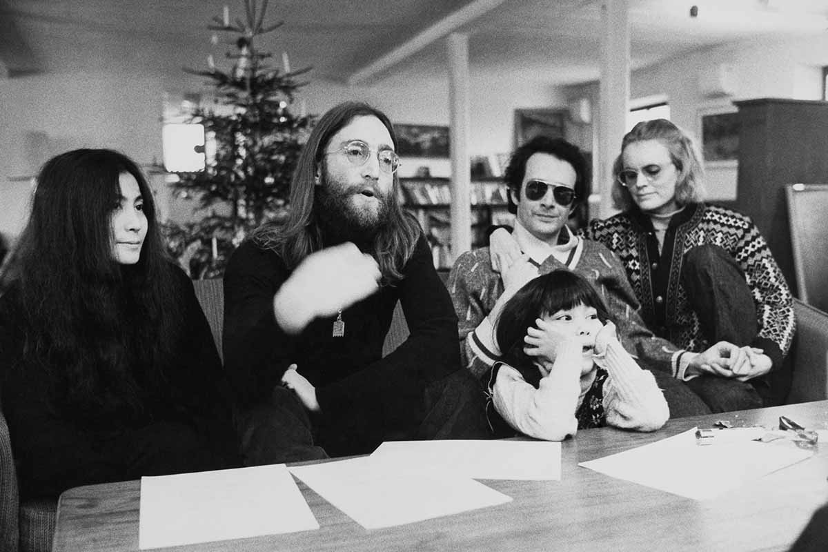 Portrait Of John Lennon And Yoko Ono With Daughter Kyoko And With Anthony Cox During A Press Conference In Denmark. A tape with an interview and a two-song performance taken right after this is up for auction.