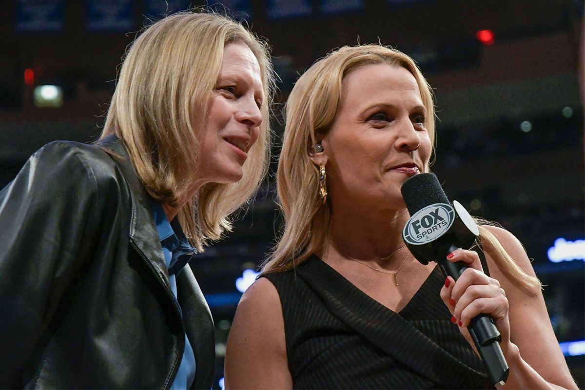 Lisa Byington (right) interviews Big East Commissioner Val Ackerman at Madison Square Garden in March 2019.