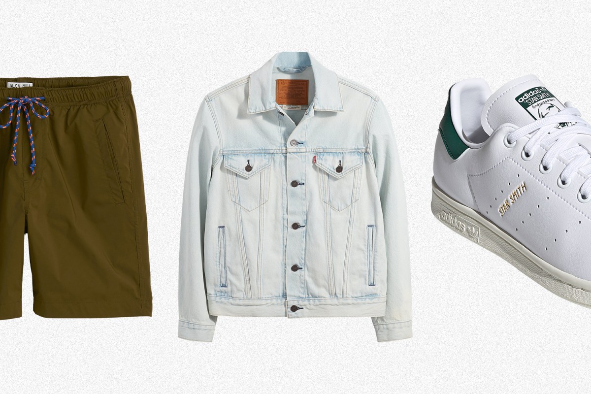 Men's drawstring shorts from Alex Mill, a classic Levi's denim jacket and an Adidas Stan Smith Primegreen sneaker made of recycled materials