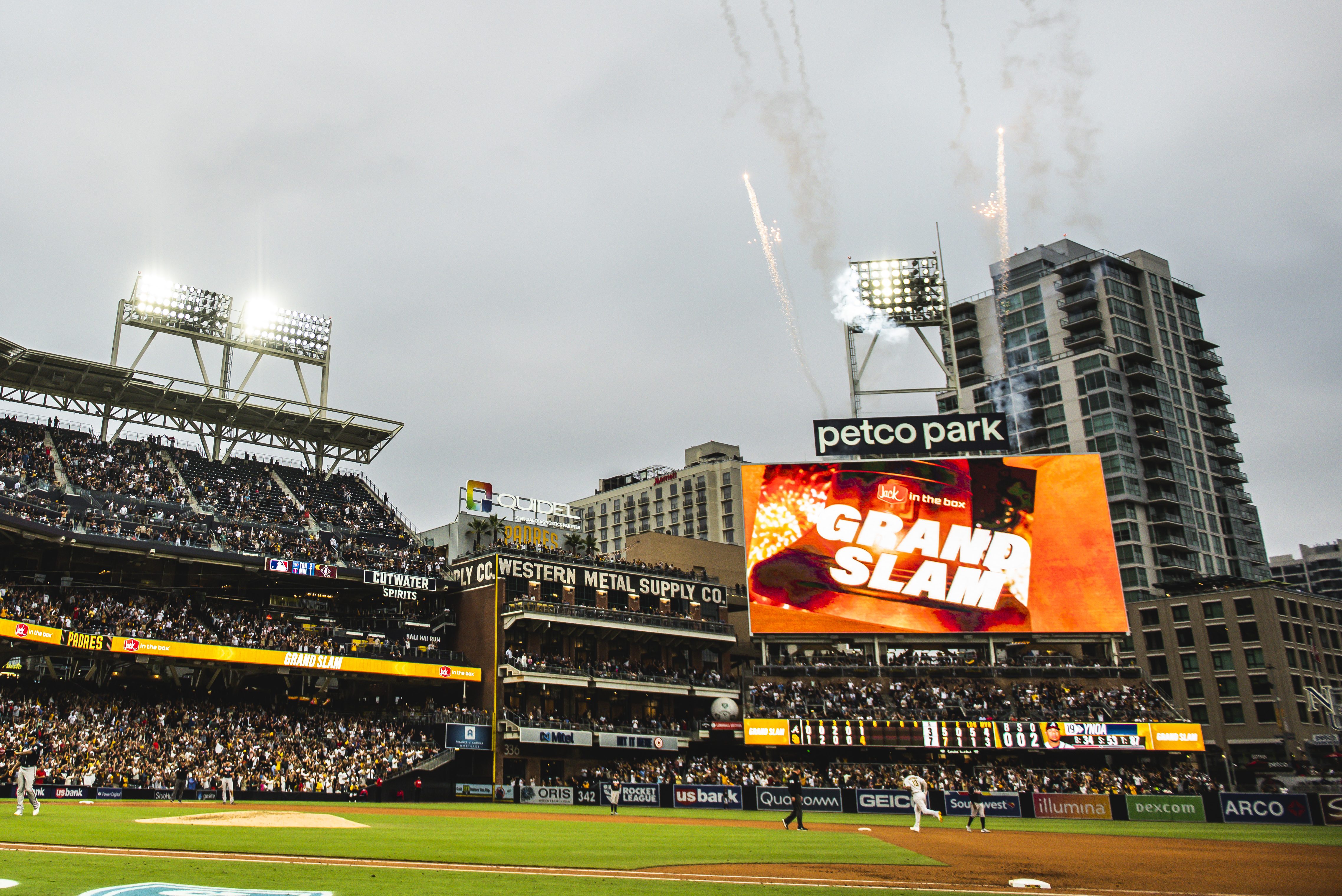 Fireworks go off one of the San Diego Padres hits a grand slam