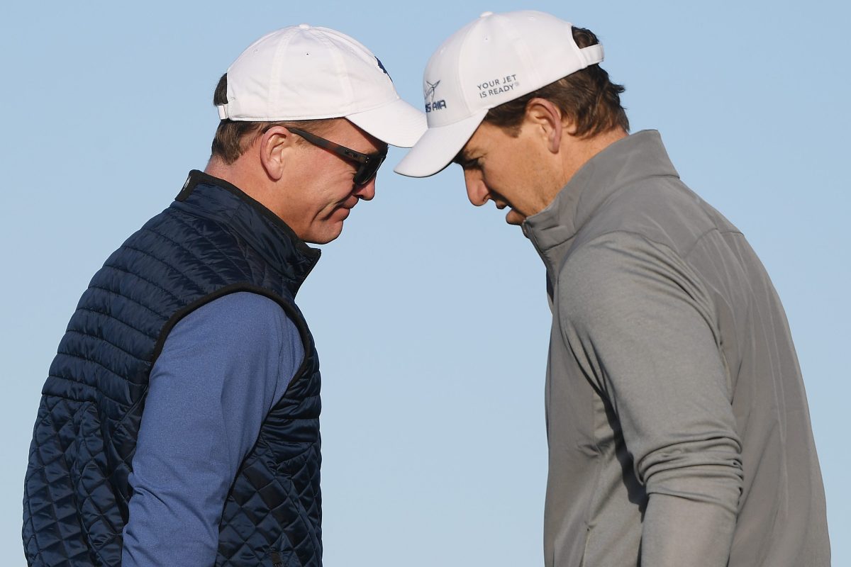 Ex-NFL players Peyton Manning and Eli Manning, who have a hit "MegaCast" show on Monday nights on ESPN, at the AT&T Pebble Beach Pro-Am.
