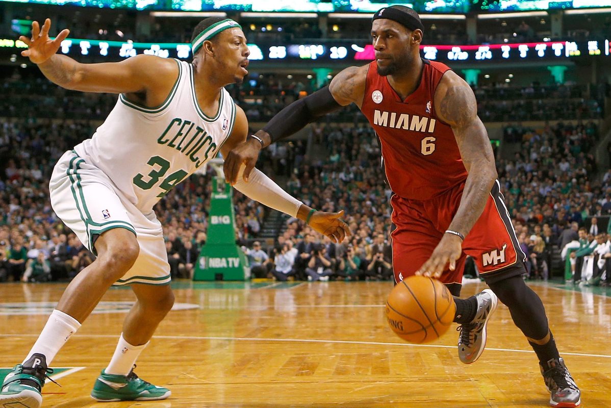 LeBron James drives against Paul Pierce in March of 2013