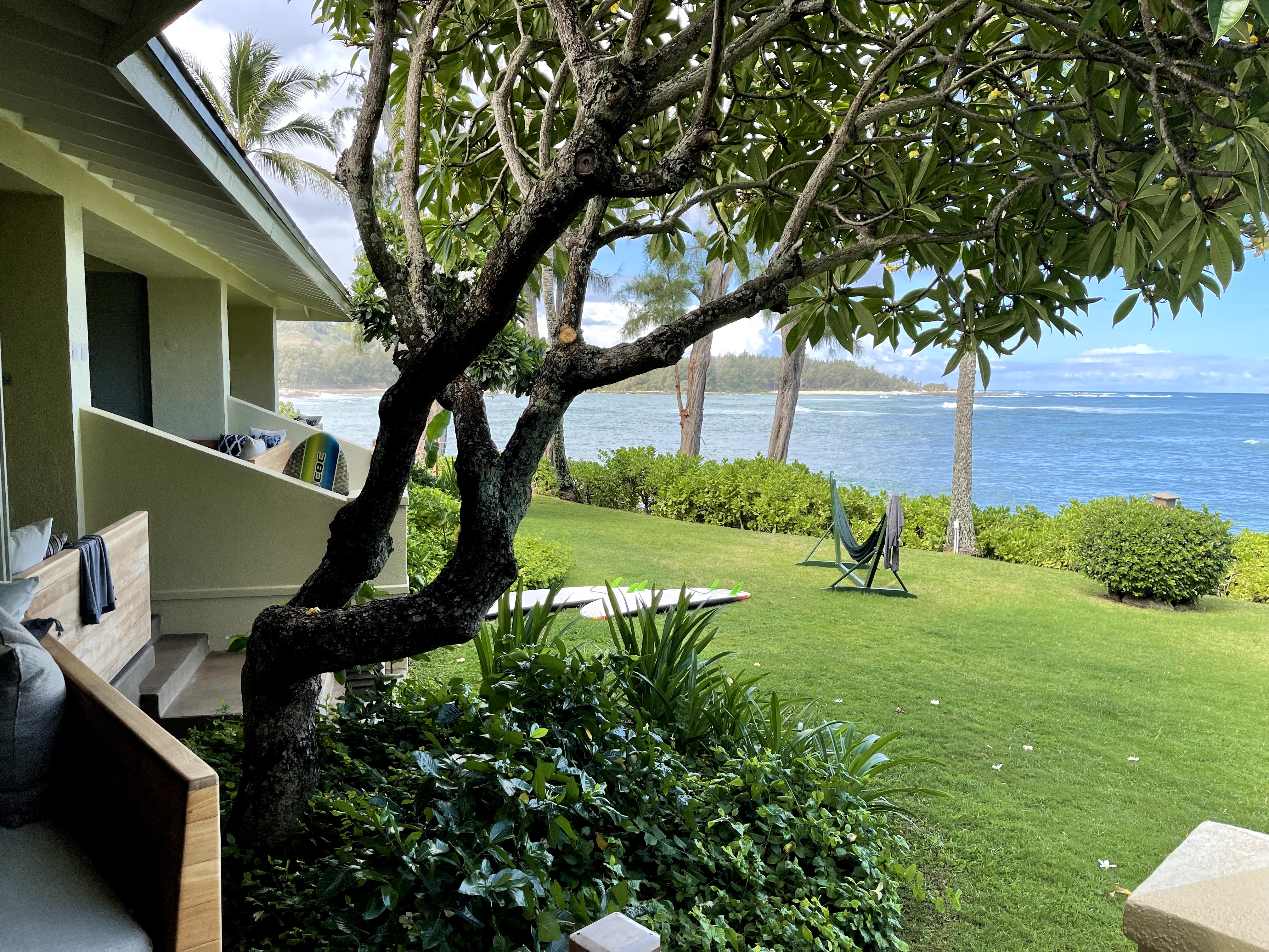 The view from an Ocean Bungalow at the remodeled Turtle Bay Resort in Oahu