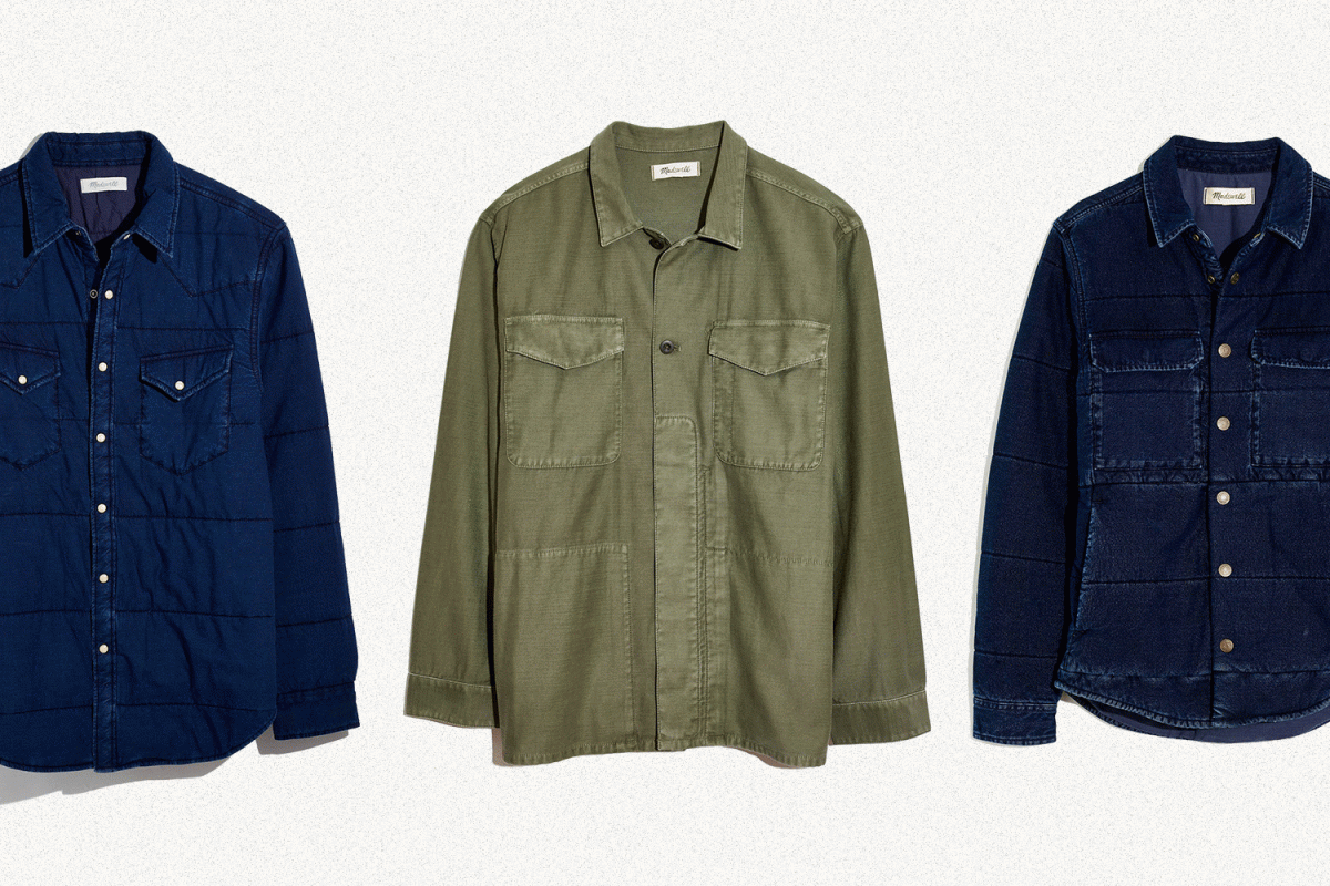 A green military-style shirt jacket and two quilted indigo shirt jackets from Madewell's men's line, all three of which are on sale