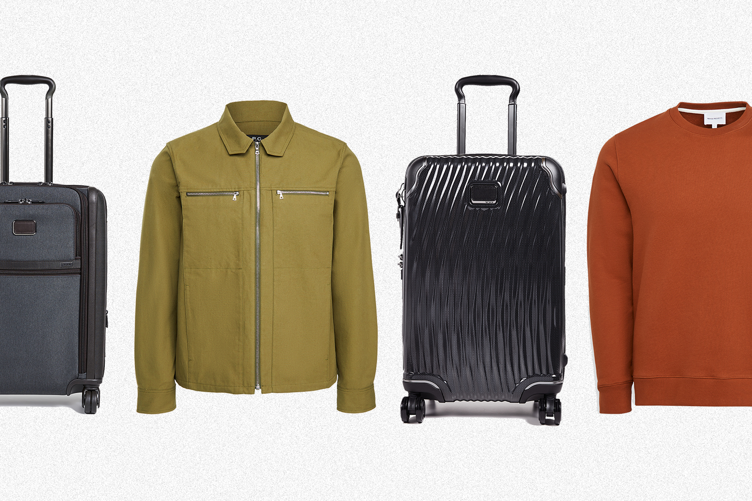 Tumi luggage, a green APC jacket and an orange Norse Projects sweatshirt, all available on Shopbop Men, formerly East Dane